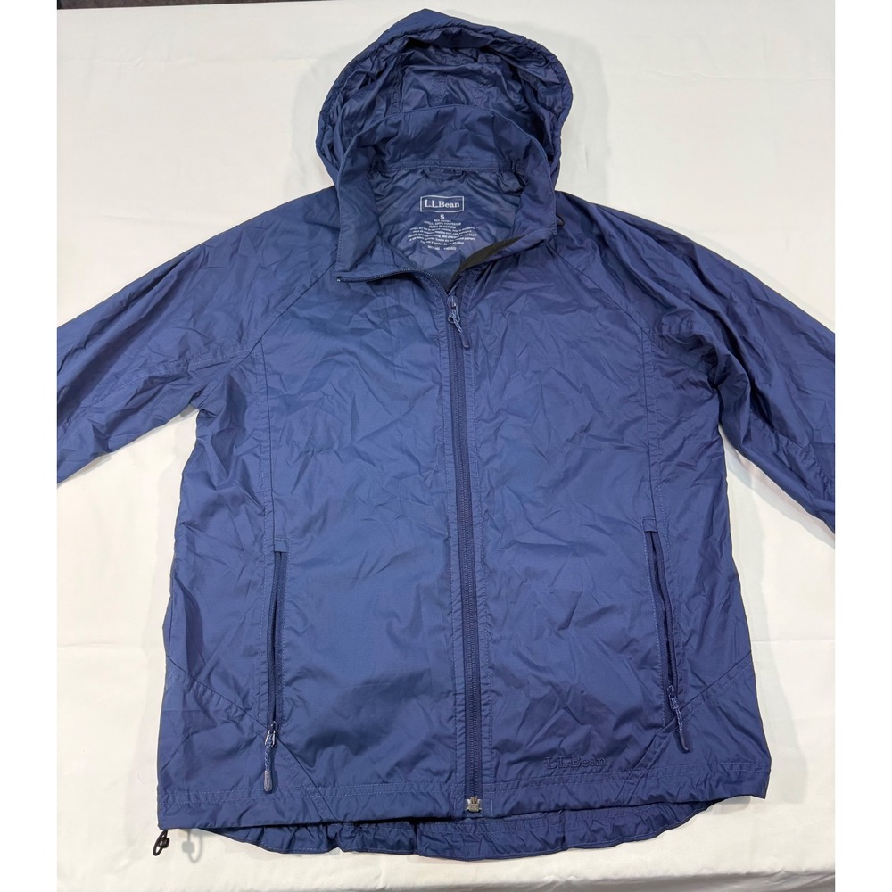 LL Bean Mens Small Navy Blue Full Zip Windbreaker Jacket Packable Hood OGTM3
